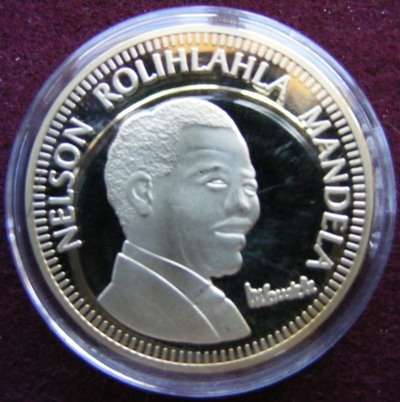 Mandela 10 years of freedom commemorative medallion. Large gold plated