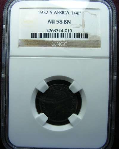 1932 SA UNION FARTHING. NGC graded AU 58 BN.  .  LOW MINTAGE OF 105403