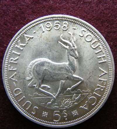 1958 SA UNION SILVER five shilling  A/UNC