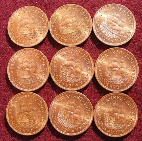 Nine 1960  BRILLIANT UNC half penny COINS.  Rare in this condition.