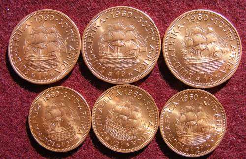 3 1960 pennies + three 1960 halfpennies. Brilliant UNC with full lustre.  Rare in this condition.