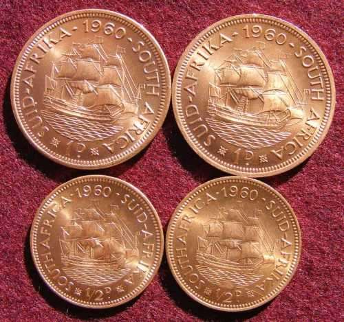 2   1960 0ne penny coins + 2  1960  halfpennies in brilliant UNC condition.