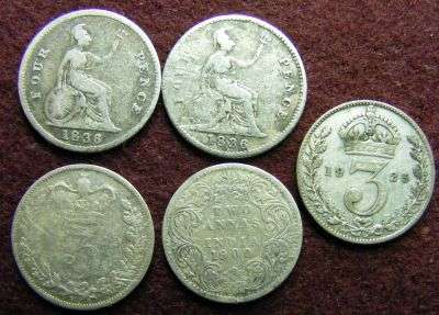 5 BRITISH SILVER COINS.TWO 1836 RARE FOURPENCE COINS + 3TICKEYS