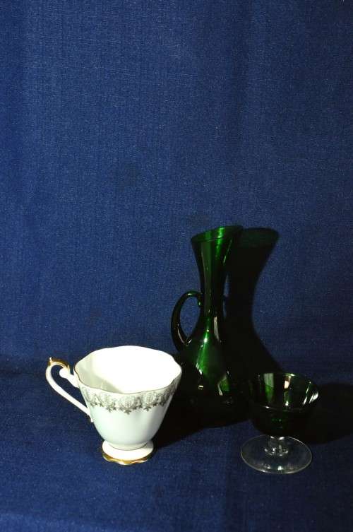 Green Glass Goblet And Jug (2pc)