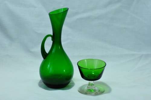 Green Glass Goblet And Jug (2pc)