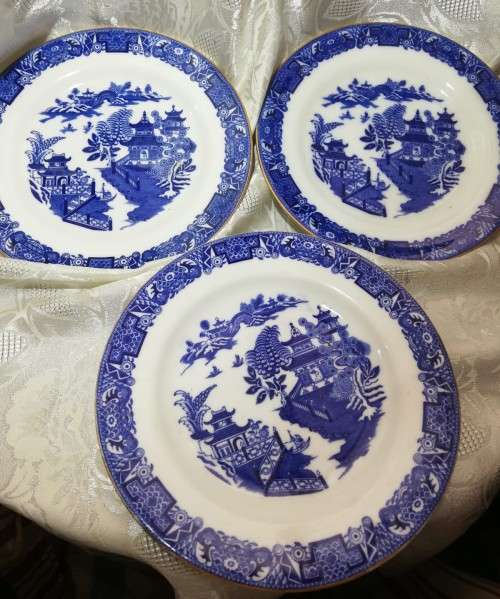 Antique Royal Worcester Blue Willow 3 Set Plates  Blue & White Pottery C1905