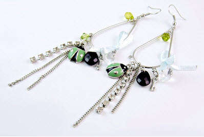 SILVER Color Earrings with Ladybugs,Bow Tie and Lucite Crystal Stone Pendants