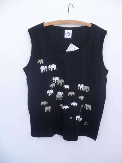 XLarge Black sleeveless ladies shirt with elephant and rhino