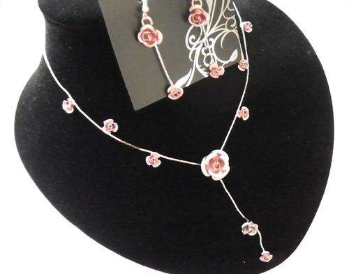 PINK ROSE DETAIL NECKLACE & EARRING SET
