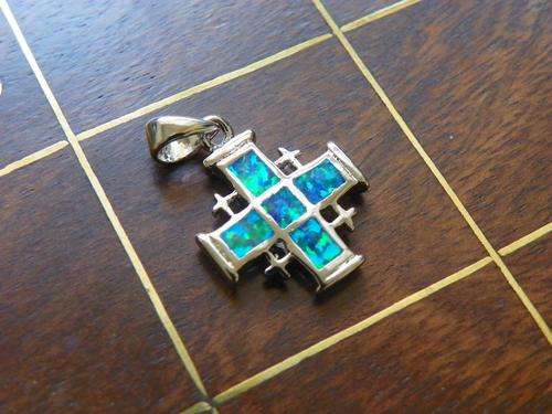 CROSS SHAPED BLUE FIRE OPAL SILVER PENDANT