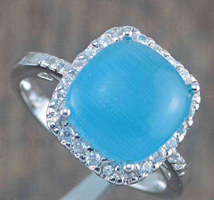 BLUE CAT'S EYE ZIRCON SILVER RING SIZE 9