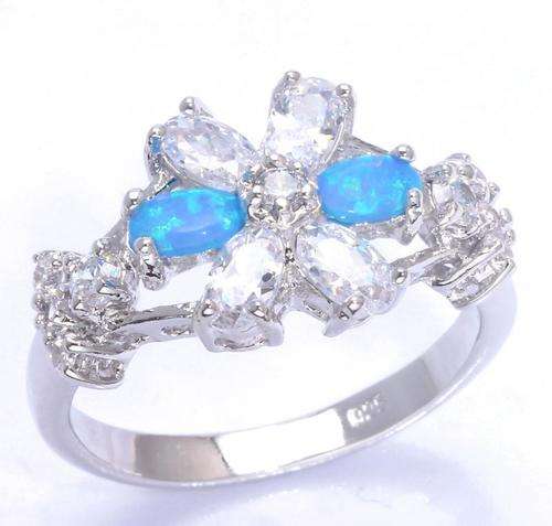 BLUE FIRE OPAL, WHITE TOPAZ & ZIRCON SILVER RING SIZE 9