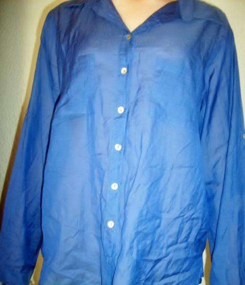 QUEENSPARK SEE THRUOGH NAVY BLUE L/S SHIRT. SIZE 16. AS NEW