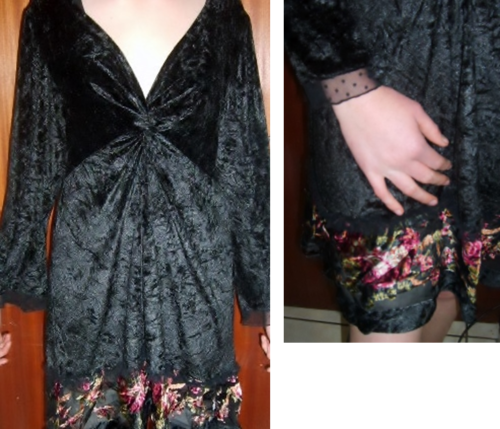 BLACK VELVET TOP WITH FLOWER DETAIL AT BOTTOM. SIZE XLARGE. AS NEW