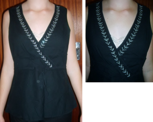 BLACK SLEEVELESS TOP, DETAIL AROUND NECK. LARGE. AS NEW