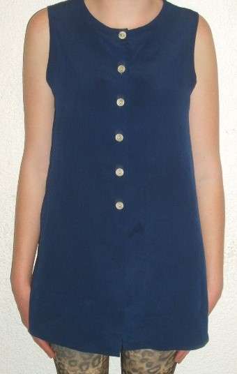 NAVY BLUE SLEEVELESS BUTTON UP SHIRT. SIZE 34. AS NEW