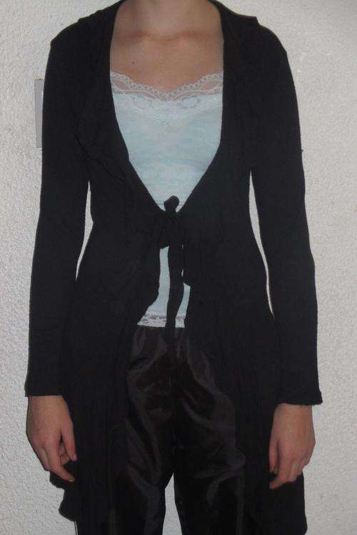 TSHIRT MATERIAL JACKET, BLACK WITH FRILL. SIZE M. AS NEW