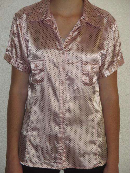 SATIN FEEL SHIRT. PINK WITH BROWN DOTS. DANIEL HECHTER. SIZE 40. AS NEW