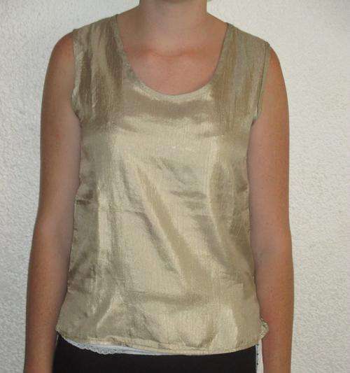 SHEER GOLDEN TAN SLEEVELESS TOP. GREAT UNDER SUIT. SIZE M. GOOD QUALITY. AS NEW