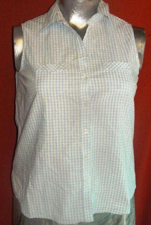 PALE BLUE CHECKED SLEEVELESS SHIRT. WOOLWORTHS. SIZE 16. CONDITION: AS NEW