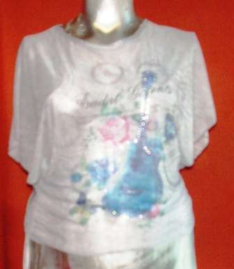 SHEER GREY PRINTED TOP. SIZE 12/14. CONDITION: VERY GOOD