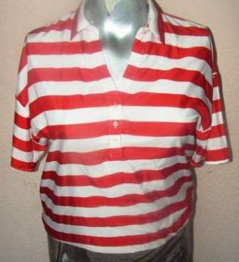 RED & WHITE SILKY SAILOR TYPE SHIRT. SIZE 38. CONDITION: VERY GOOD
