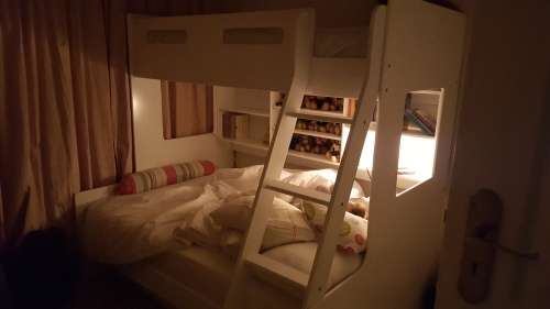 Bunk Bed with double bottom, single on top, additional pull out bed and bookshelf