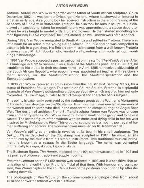 RSA 1992-10-08 Min Sheet - 130th Birth Anniversary of Anton van Wouw FDC S18 [SACC R20]