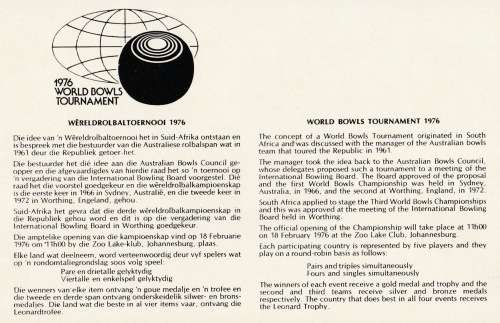 RSA 1976-02-18 World Bowls Championship in SA FDC 2.12 (88 153) [SACC R2]