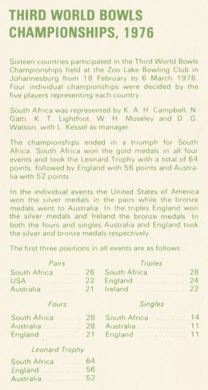 RSA 1976-04-06 SA Winners of World Bowls Championship FDC 2.12A (91 461) [SACC R2]