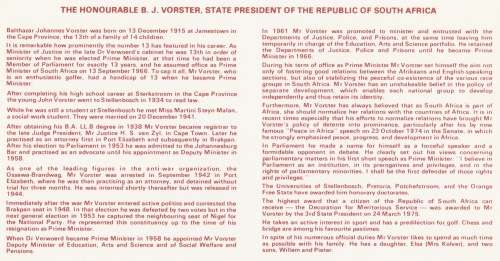 RSA 1978-10-10 Inaug. of the 4th State President Dr BJ Voster FDC 3.10 Special (130 000) [SACC R2]