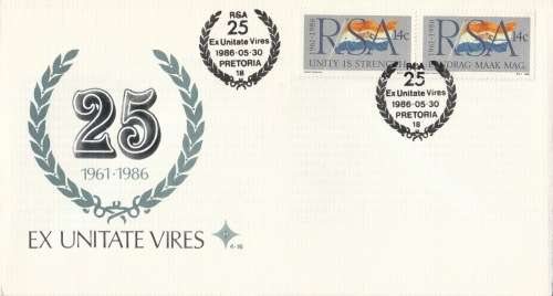 RSA 1986-05-30 25th Anniversary of RSA FDC 4.16b (100 000) Eng-Afr [SACC R3]