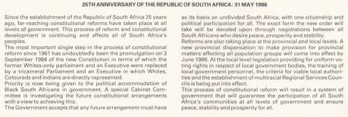 RSA 1986-05-30 25th Anniversary of RSA FDC 4.16b (100 000) Eng-Afr [SACC R3]