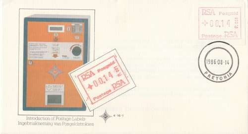 RSA 1986-08-14 Introduction of Postage Labels (Frama Labels) FDC 4.16.1 [SACC R2.50]