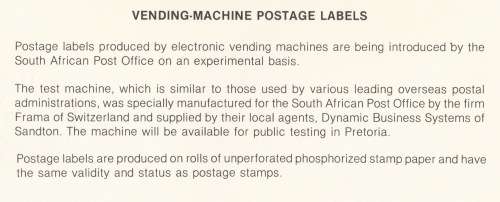 RSA 1986-08-14 Introduction of Postage Labels (Frama Labels) FDC 4.16.1 [SACC R2.50]