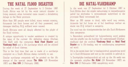 RSA 1987-11-16 Natal Relief Fund (1st Issue) FDC 4.22.1b Afr-Eng [SACC R3]