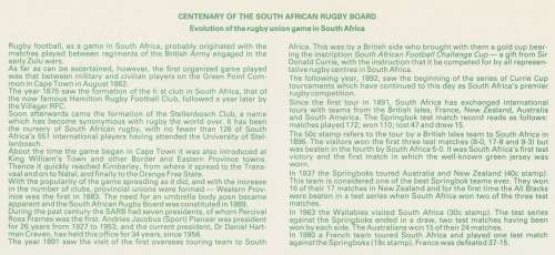 RSA 1989-06-22 Centenary of the SA Rugby Board FDC 5.5 [SACC R9]