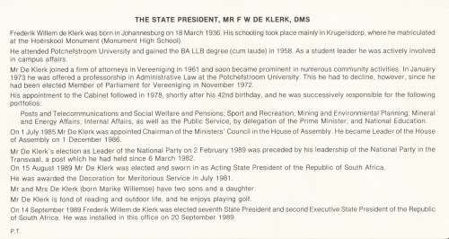 RSA 1989-09-20 Inauguration of the State President F.W. de Klerk FDC 5.6.1 [SACC R6]