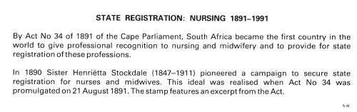 RSA 1991-08-15 State Registration for nurses and midwives 1891-1991 FDC 5.15 [SACC R10]