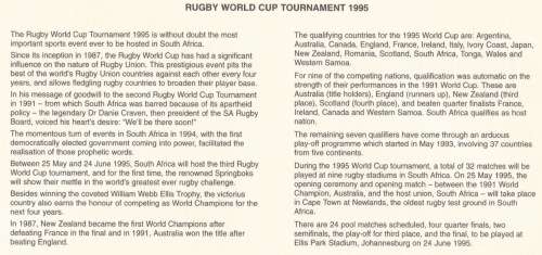 RSA 1995-05-25 Rugby World Cup Tournament 1995 FDC 6.14c [SACC R11]