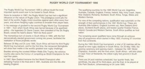 1995-05-25 Rugby World Cup Tournament 1995 FDC 6.14d [SACC R10]