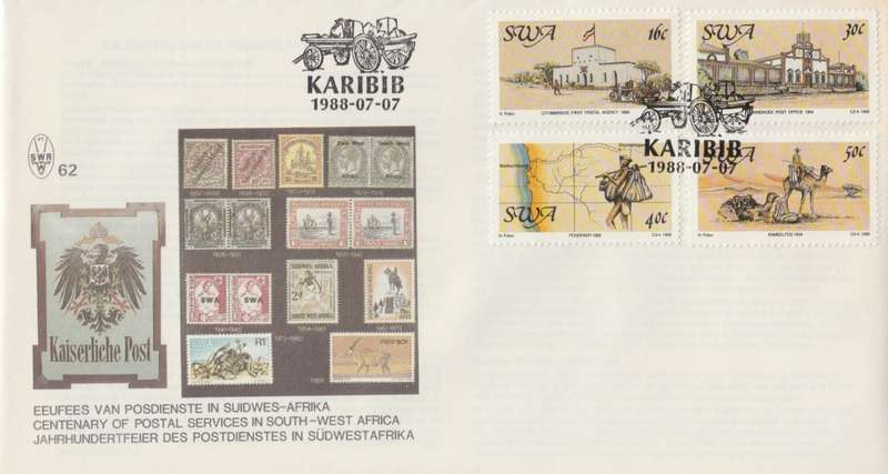 SWA 1988-07-07 Centenary of Postal Services FDC 62 (72 000) [SACC R7]