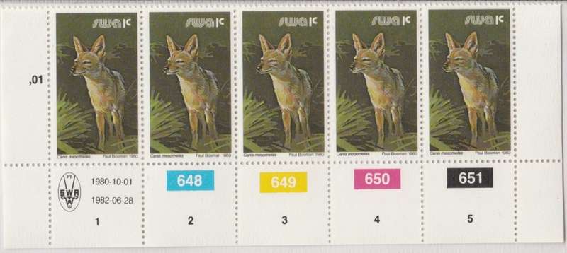 SWA 1980-10-01 3rd Definitive Issue - 1c Canis mesomelas SACC 358 x5 - 1982-06-28 Reprint [SACC R2]