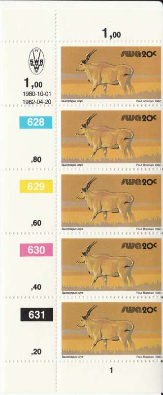 SWA 1980-10-01 3rd Def Issue - 20c Taurotagus oryx SACC 369 x5 - 1982-04-20 Reprint [SACC R2.50]