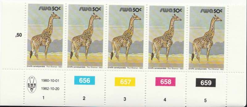 SWA 1980-10-01 3rd Def Issue - 50c Giraffa camelopardalis SACC 372 x5 - 1982-10-20 Reprint [SACC R5]