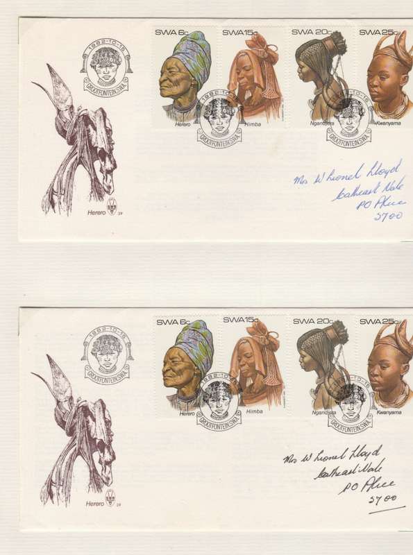 SWA 1982-10-15 Traditional Head-dresses of SWA SACC 411-414 blocks, pairs and covers [SACC R164]