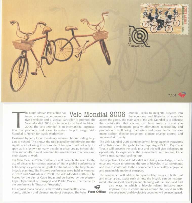 RSA 2006-03-06 Velo Mondial conference Cape Town FDC 7.104 (6 000) [SACC R25]