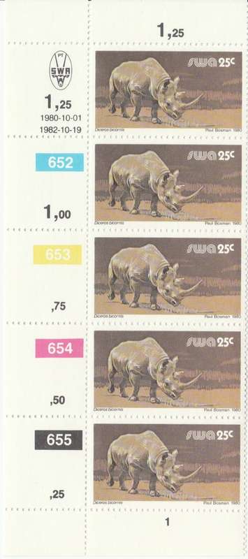 SWA 1980-10-01 3rd Def Issue - 25c Diceros bicornis  SACC 370 x5 - 1982-10-19 Reprint [SACC R5]