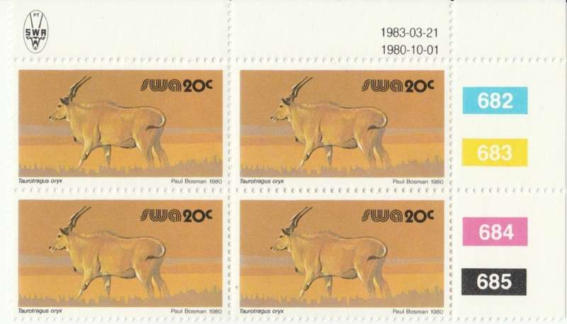 SWA 1980-10-01 3rd Def Issue - 20c Taurotagus oryx SACC 369 x4 - 1983-03-21 Reprint [SACC R2]