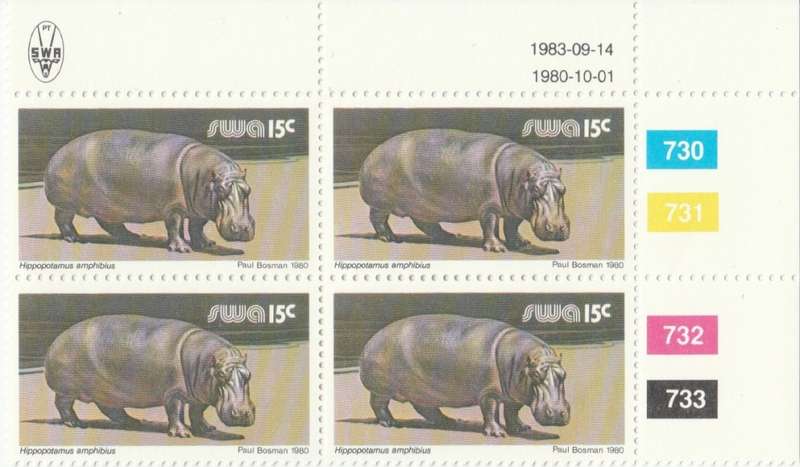 SWA 1980-10-01 3rd Def Iss - 15c Hippopotamus amphibius SACC 368a x4 - 1983-09-14 Reprint [SACC R4]